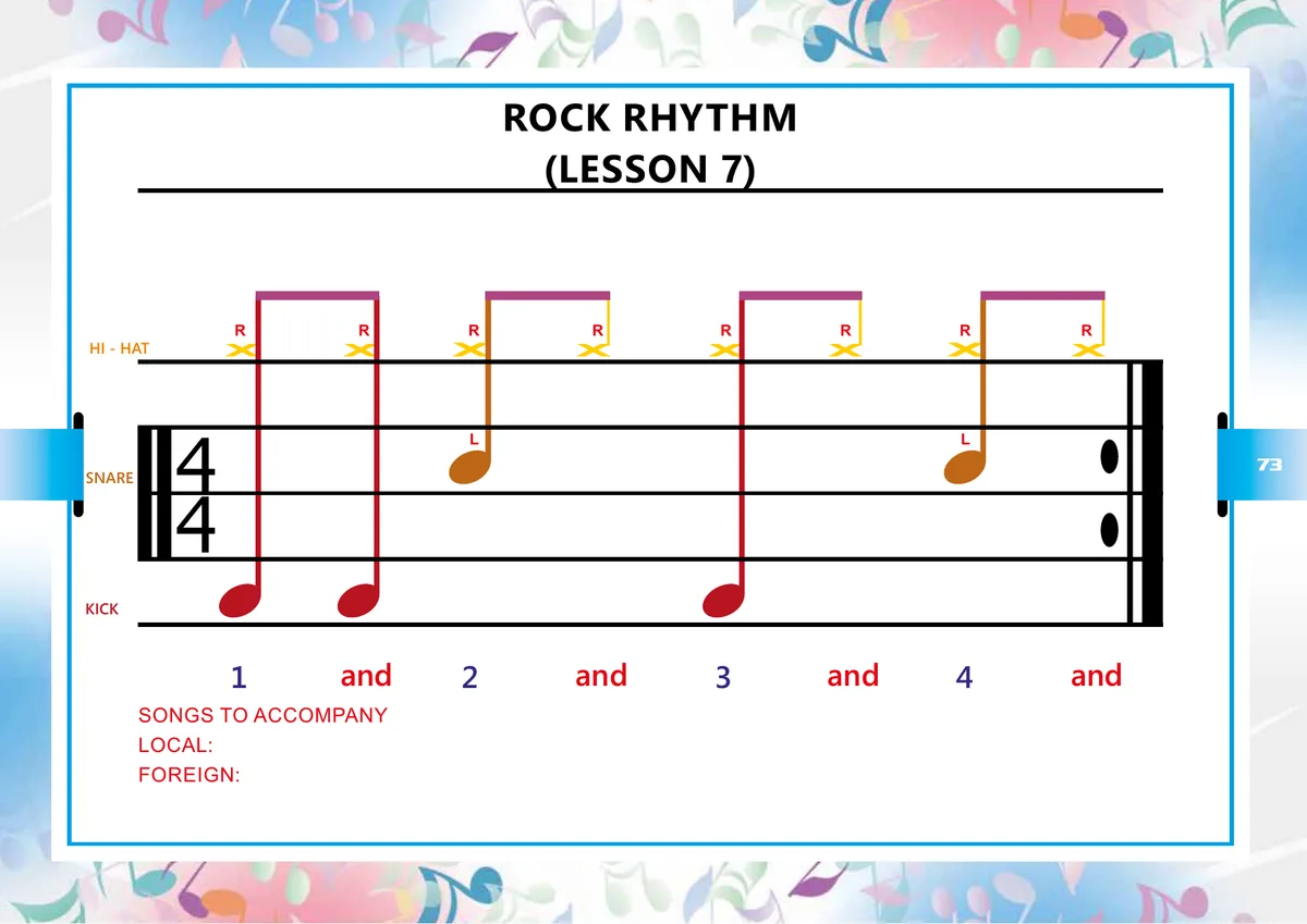 Page from the Little Drummers book: Rock Rhythm — Lesson 7