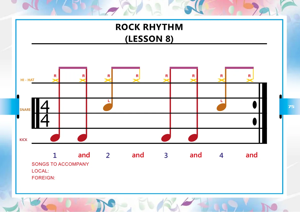 Page from the Little Drummers book: Rock Rhythm — Lesson 8