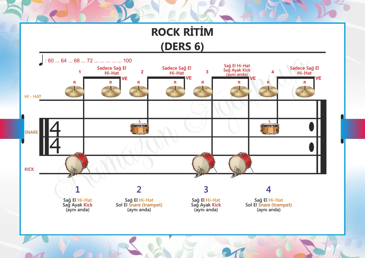 Küçük Bateristler kitabından sayfa: Rock Ritim — Ders 6