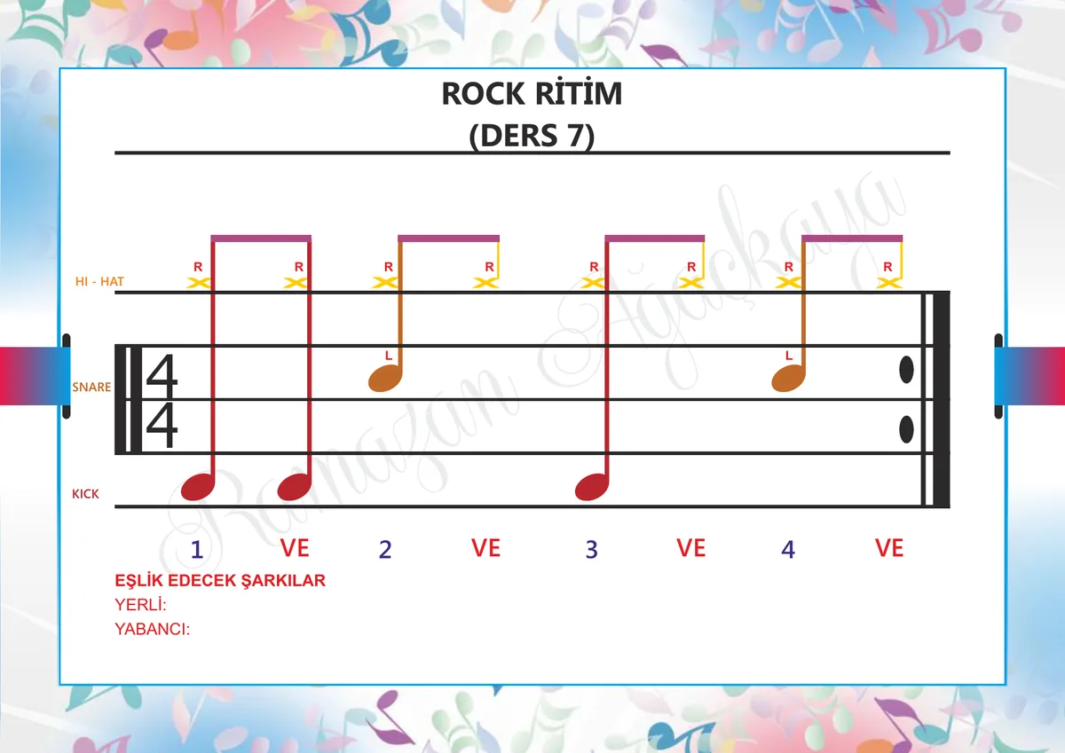 Küçük Bateristler kitabından sayfa: Rock Ritim — Ders 7